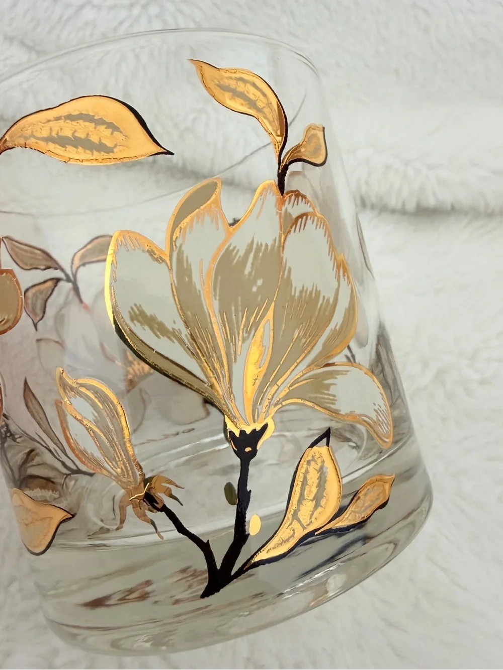 Vintage Culver Ltd Magnolia Gold Flower Lowball Glasses - Set of 2 - Midcentury